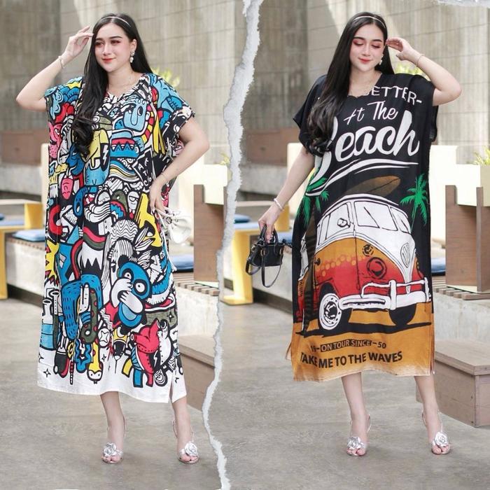 Daster Lowo Jumbo Busui LD 130 Resleting Depan Motif Karakter Kartun Kekinian Home Dress Rayon Wanit