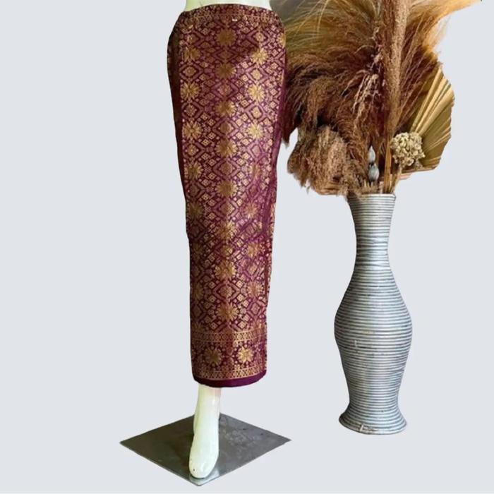 Rok Batik Wanita Model Span Plisket Instan Bahan Tenun Songket Warna Maroon Gold Bawahan Panjang Coc