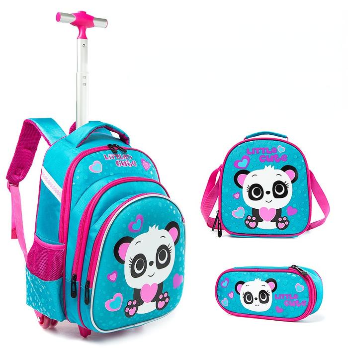 Cute Panda School Wheeled Backpack Bag Set for Girls Trolley Bag with