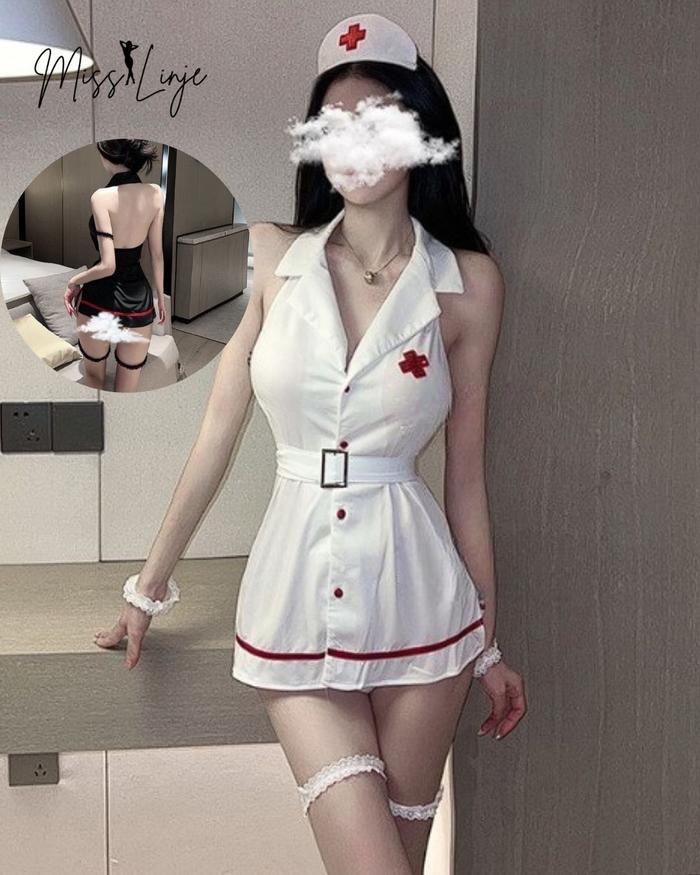 MISSLINJE Lingerie Cosplay Sexy Nurse Mini Dress Kostum Perawat Suster Full Set Putih dan Hitam
