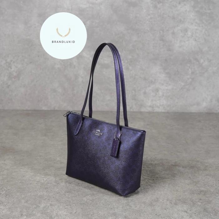COACH FIONA SIGNATURE MONOGRAM ZIP TOTE BAG IN METALLIC SILVER, BROWN & BLUE