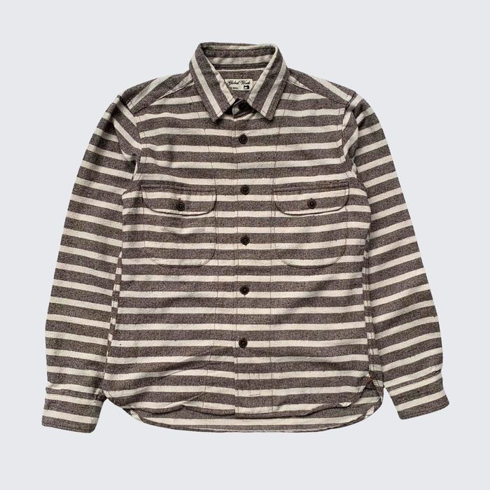 Brown Cream Stripes Global Work Tokyo Japan Two Pocket Wool Flannel Shirt - Unisex - S