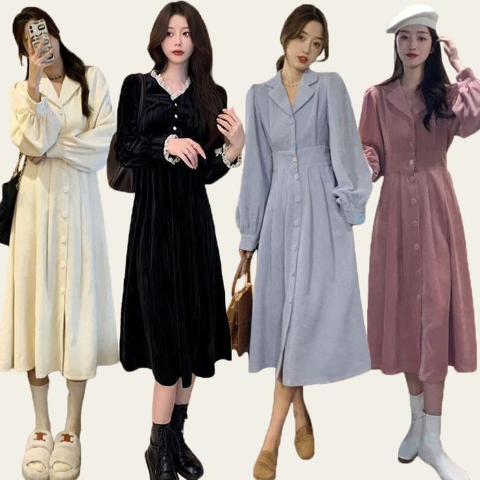 Dress Korean Style Kerah Setelan Pinggang Retro Elegan Lengan Panjang Korduroi Terbaru Rok Midi/