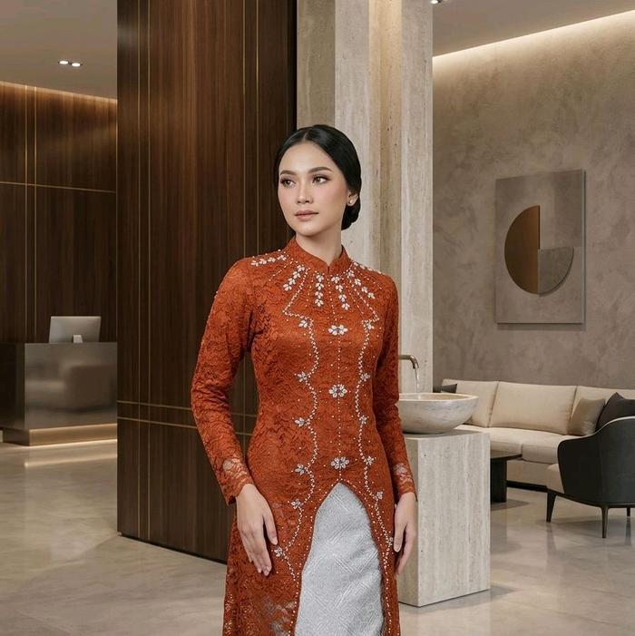  Kebaya Tunik Busui Bahan Brokat Warna Teracota Merah Bata Payet Mutiara / Set Kebaya Tunik Layla T