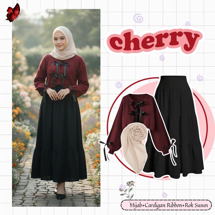 Myra Set Outfit Hijab Wanita ( Jilbab + Cardigan + Rok Susun ) Oneste Daily Look Setelan Simple -D12