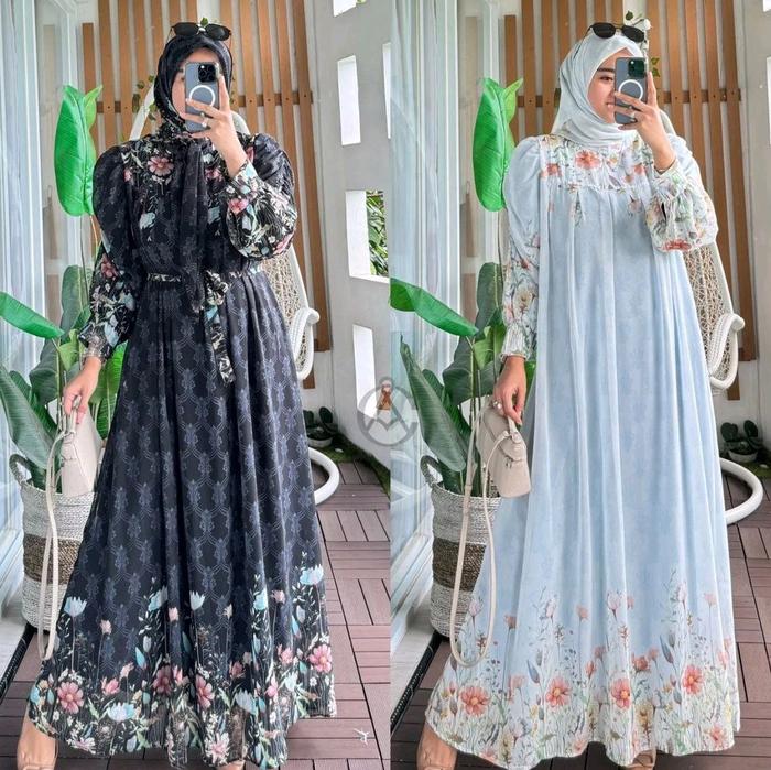 Set Gamis Bunga Centil Wanita Muslim Lebaran Syari Namira Premium Ori Matt Rayon Diamond - Dress, Cr