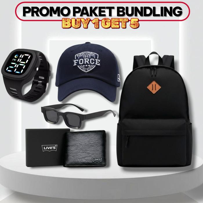 PAKET HEMAT ! BUNDLING 5IN1 TAS RANSEL,TOPI BASEBALL,JAM DIGITAL,DOMPET,KACAMATA Pria Backpack tas  