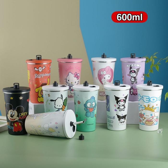Tumblr Gelas Minum Stainless Steel Motif Karakter / Termos Mini Putar + Tutup + Sedotan Stainless St