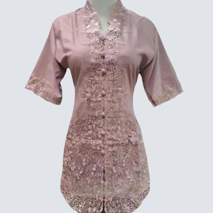 Atasan Kebaya Encim Bordir Polos Lengan Pendek Bahan Katun Premium Warna Cokelat Susu Dress Hitam Me