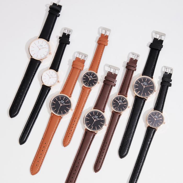 WTT Jam Tangan Couple DW Kulit Analog Fashion Bulat Jamtangan Tipis Wanita Pria Simple Elegan