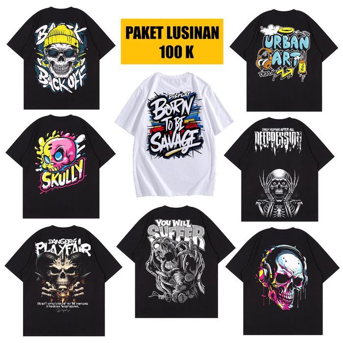 AtarPedia 4 PCS 100 RIBU Kaos Tshirt Atasan Distro Pria Terbaru Lengan Pendek Varian Motif Hitam Sab