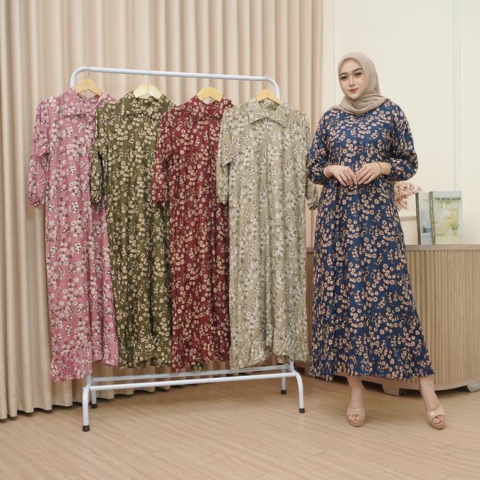 GAMIS MUSLIMAH MELATI BAHAN RAYON PREMIUM KERAH DAN LENGAN SERUT MOTIF BUNGA KECIL