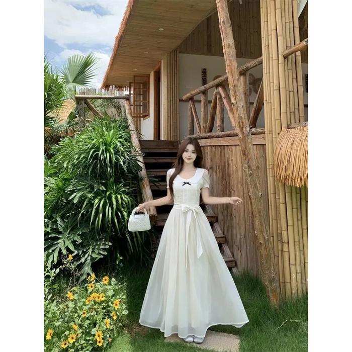 CHICMORE Gaun midi lengan pendek kerah boneka warna solid korean style