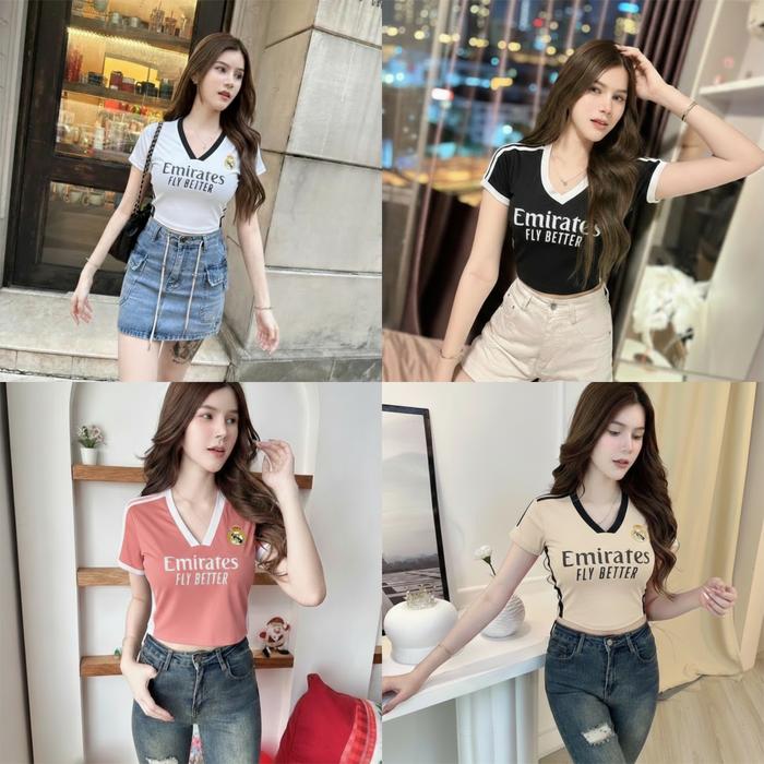 Crop Top Vneck Bahan Stretch Real Madrid Wanita Emirates - Fans Club Football Edition, Crop Body Fit