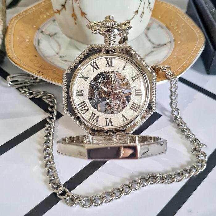 POCKET WATCH Medal Jam Saku Kantong Half Hunter Automatic Otomatis Mechanical Mekanik Skeleton Tanpa