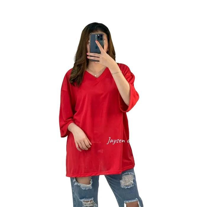 Atasan kaos Vneck Oversize LD140cm muat bb 50-120kg blouse wanita jumbo Tshirt V-Neck kaos wanita Ba