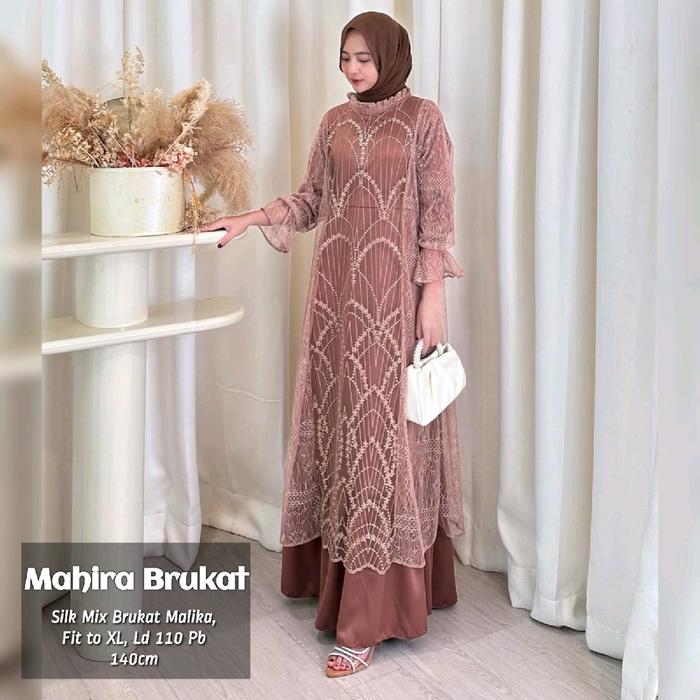 Mahira Brukat Malika Silk Polos Cantik Baju Gamis Wanita Muslim Fashion Perempuan Dewasa Remaja Cewe