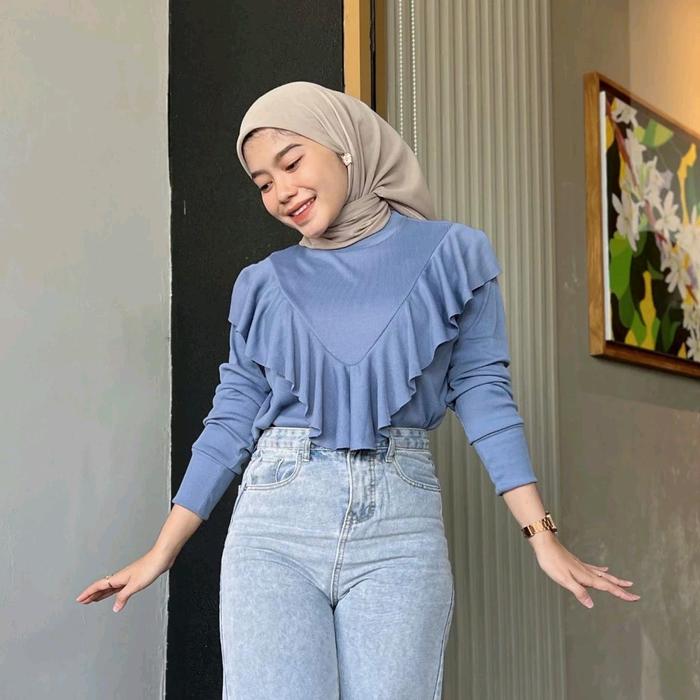 Blouse Atasan Wanita Ruffle Knit Lengan Panjang - Baju Korean style Crop outer serut