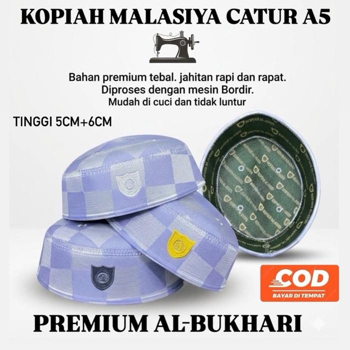 Peci Malasiya Al-Bukhari catur premium A5,kopiah Malasiya Al-Bukhari catur A5,songkok putih kain sut