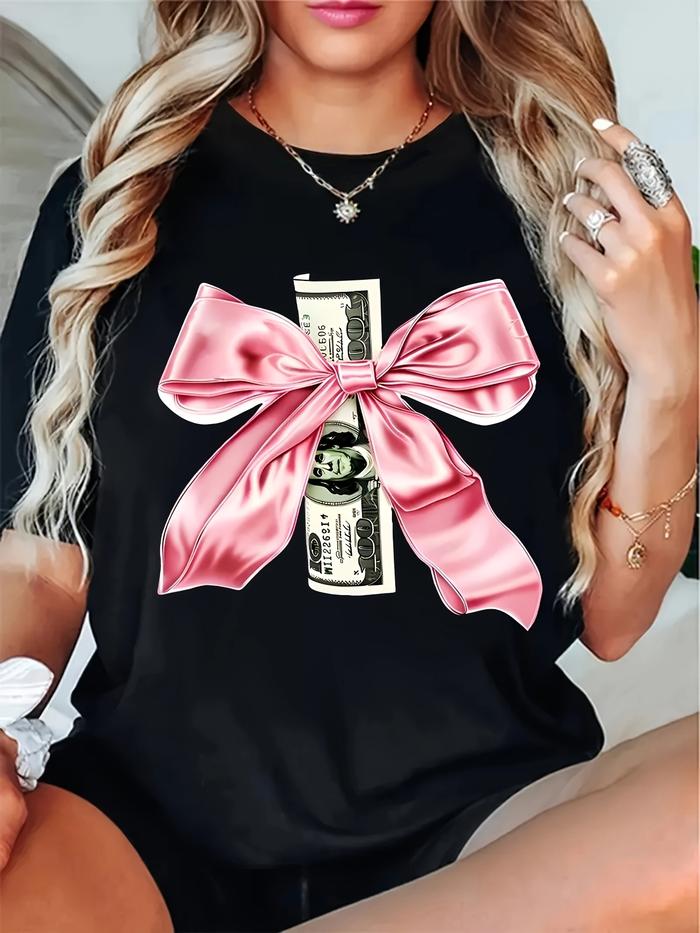 Camiseta de Manga Corta para Tallas Grandes - Negra con Lazo Rosa y Estampado Geometrico del Billete