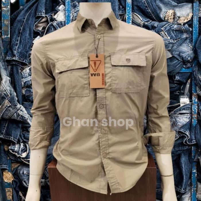 KEMEJA POLOS PRIA WATCHOUT JEANS LENGAN PENDEK WARNA ABU DAN PUTIH