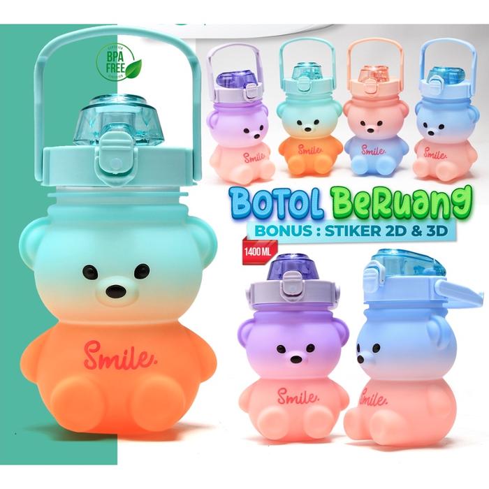Botol Minum Gemoy Motif Tedy Bear Beruang 1400ML Botol Motivasi Gradasi Botol Minum Viral terbaru CH