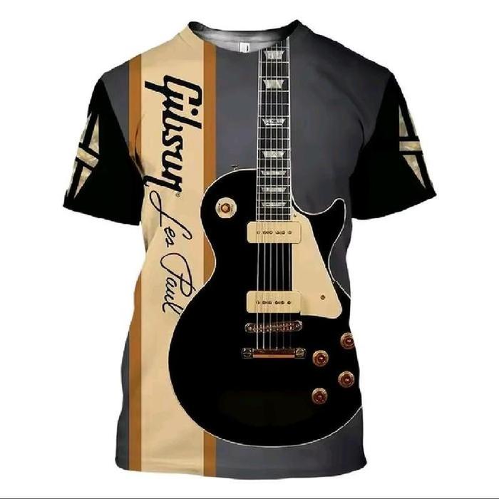 Kaos Pria Lengan Pendek 3D Motif Gitar Listrik Hitam dengan Desain Garis Beige dan Abu-Abu, Kerah O-
