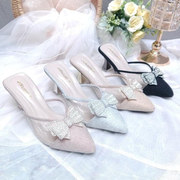 Purple Shoes - Lizzy Sandal Slop Wanita Pesta High Heels Hak Lancip 7 cm Silver Salem Hitam Gold Des