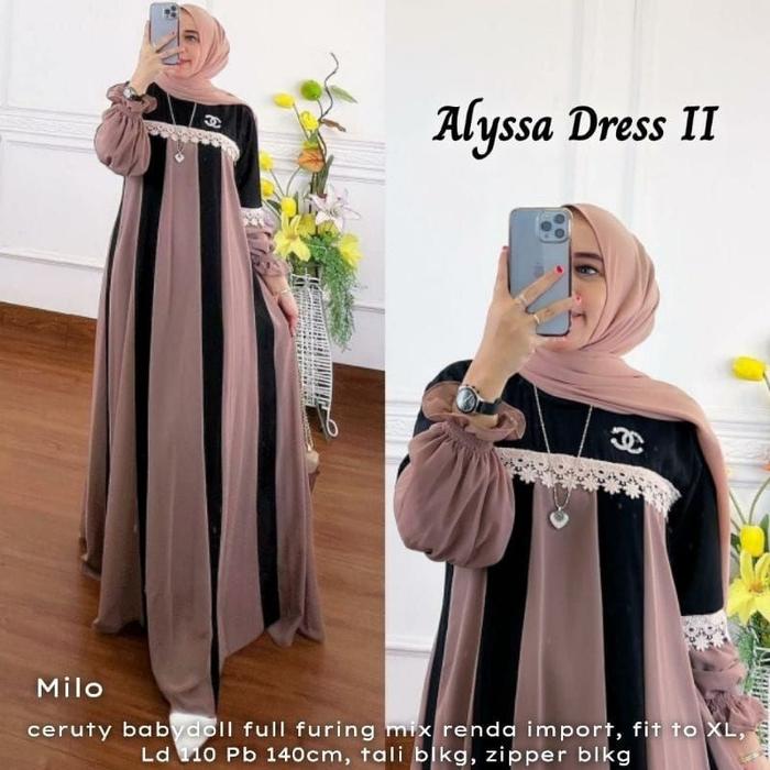 Khildastore09 -Alyssa Dress 2  Bahan Ceruty babydoll full furing mix renda Gamis Kekinian