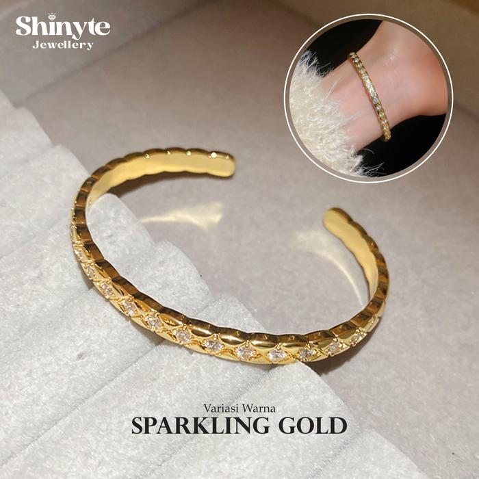 Shinyte Jewellery Luxurious Classic Open Bangle Gelang Tangan Diamond Accent C Shape Mewah Gold 18K 