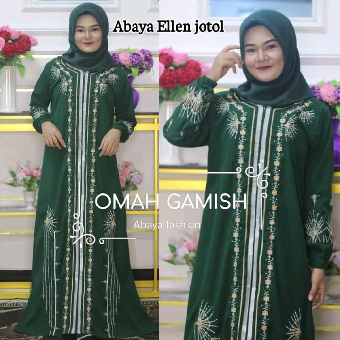 Abaya bordir Ellen HIJAU BOTOL simple kain wool peach by anugerah berkah abaya