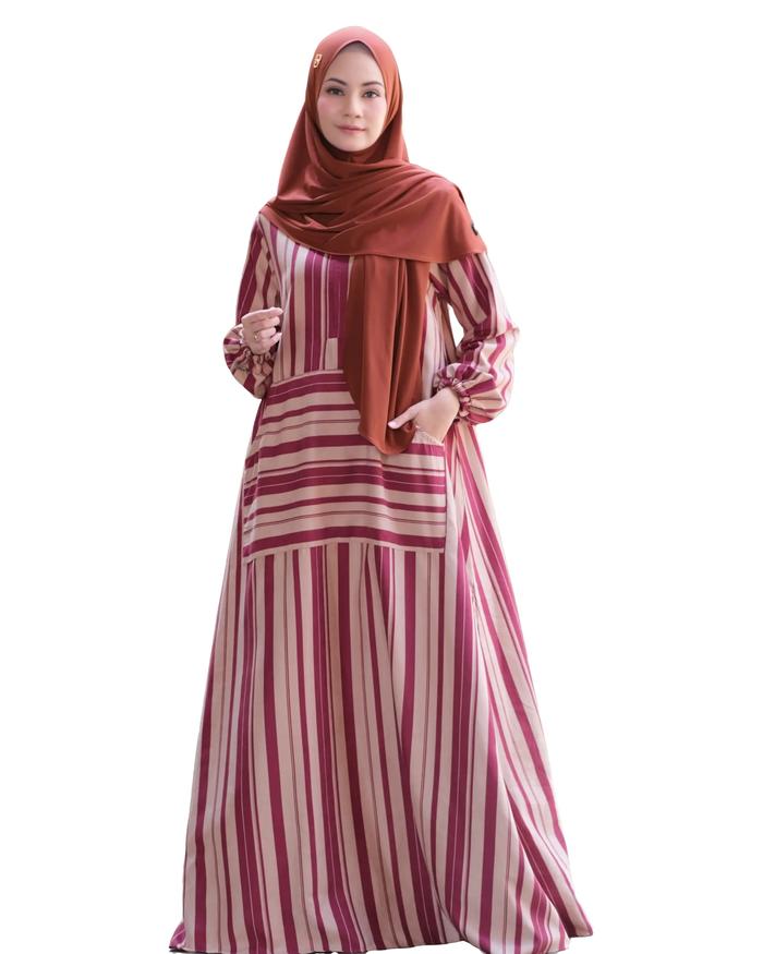 Zaline  dress umma syari kasual dress garis gamis motif gamis kasual dress Casual Kantong Muslim Str