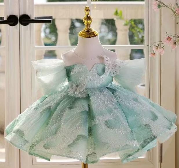 gaun bayi anak warna hijau mint dengan aplikasi kupu-kupu, mewah berkilau, gaun pageant ulang tahun 