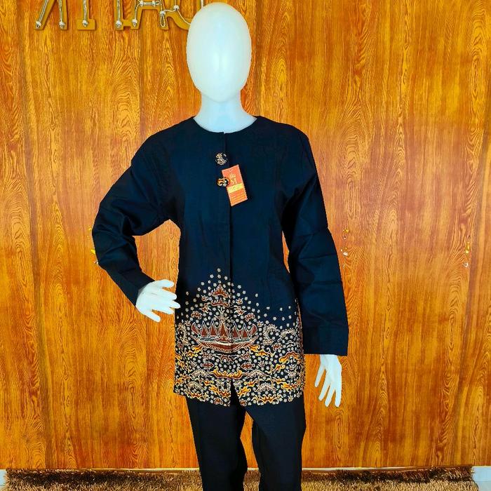 Tunik Batik Wanita Metroyana Motif Lampung - Gold Brown Katun Premium Berlapis Furing, Lengan Panjan