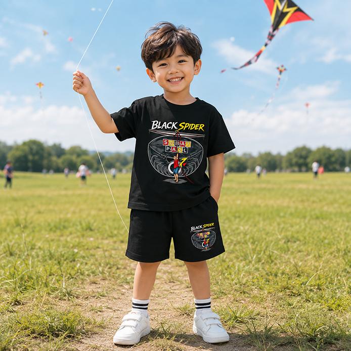 Setelan Anak Kaos Anak Layangan Black Spider Sobat Pazl Terbaru