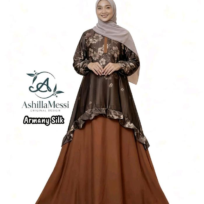 Gamis Dewasa bahan Armany Silk ORI ASHILLA Messi Motif Bunga