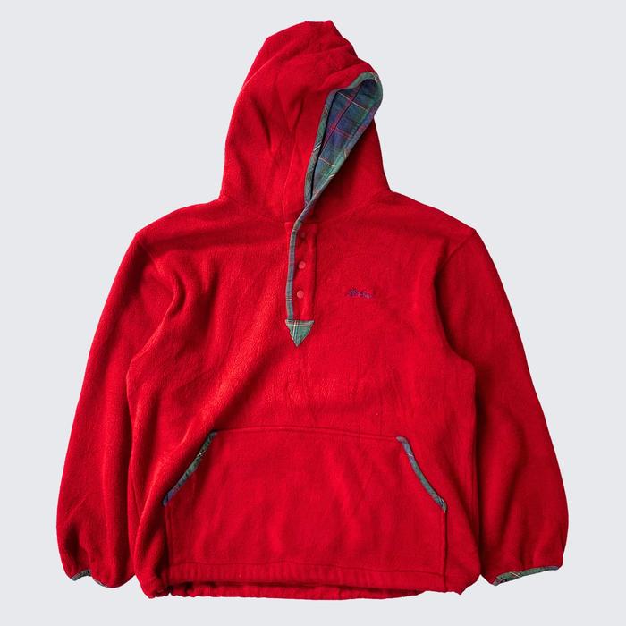 Red Green Vintage LL Bean USA Youth Fleece Flannel Inner Half Button Hoodie Jacket - Unisex - S