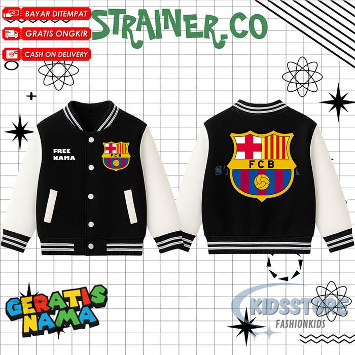 Jaket Varsity Anak Barcelona Fc / Jaket Baseball Anak Unisex Club Barcelona Fc Gratis nama Laki Laki