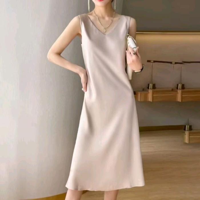 COD LORENA INNER SINGLET DRESS SATIN/VELVET LONG WANITA KOREA CANTIK TERBARU CASUAL BAJU DEWASA ELEG