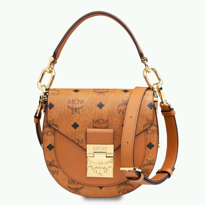 MCM Mini Patricia Round Crossbody Bag in Cognac with Top Handle