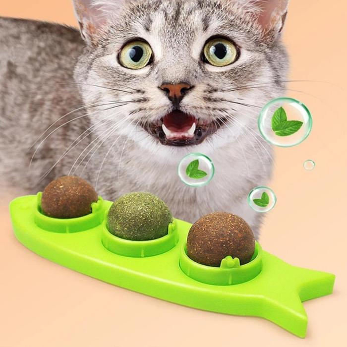 3 In 1 Catnip Ball Set Cat Treat Toy Snack Self-Adhesive Rotated