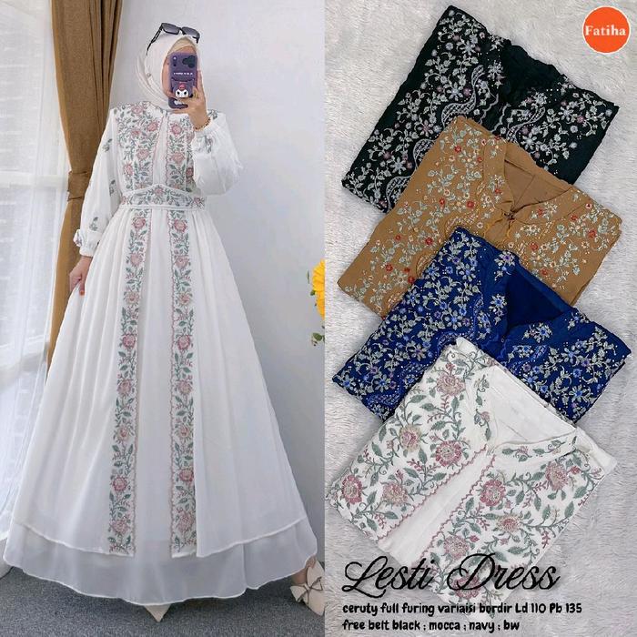 Fatiha Lesti Dress Gaun Maxi Gamis Putih Ceruty Full Furing Variasi Bordir Ld 110 Pb 135 Free Belt
