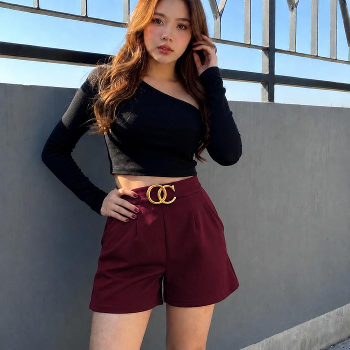 Celana Pendek Wanita Belt 6813 & 6870 Bahan Scuba Premium Karet Belakang Pinggang Hitam Putih Fuschi
