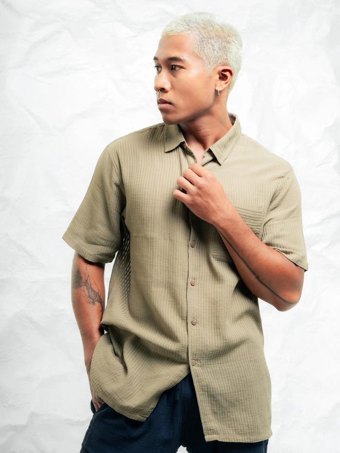 BLOOD + BONE - Shifty Shirt Olive | Kemeja Pria Cotton Dobby Stripe - Hijau Olive