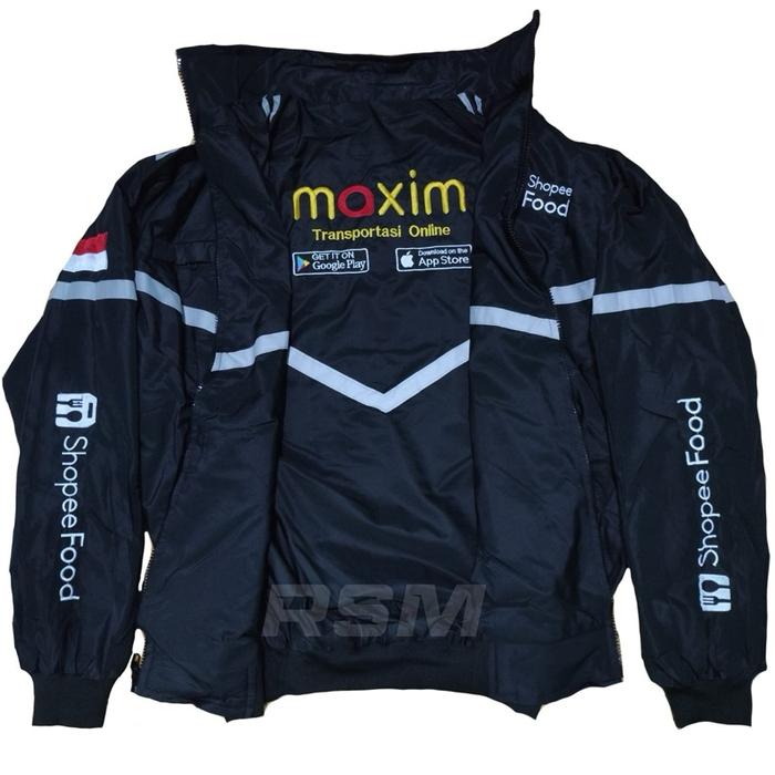 Maxim Jaket Ojol Driver Bulak Balik Hitam Full Bordir Logo dan Tulisan untuk ShopeeFood dan Transpor