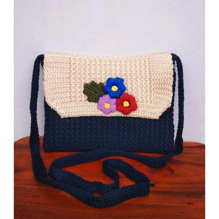 tas slempang rajut motif bunga, dompet rajut, tas spon bunga