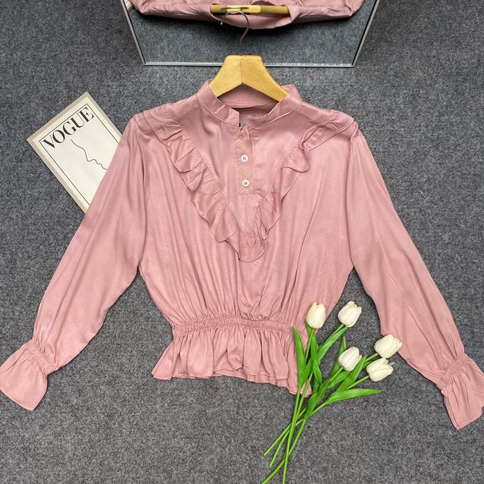 ￼Jiera Blouse Atasan Wanita Rayon Twill Crop Top Lengan Panjang Korean Style