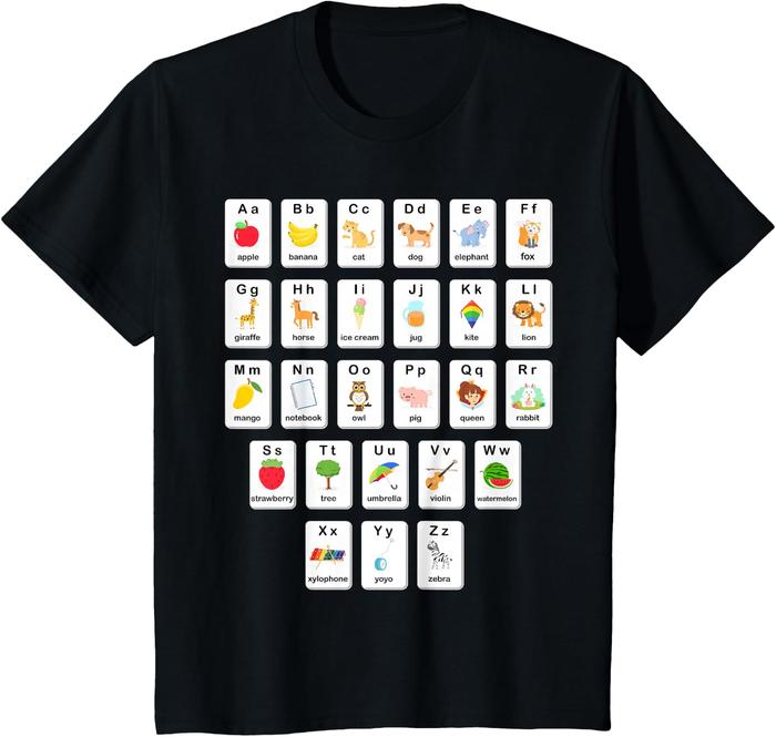 Amber's Baju Kaos Anak dan Dewasa 24s Unisex ABC Animals Object Flash Card A-Z Types of Alphabet Tea
