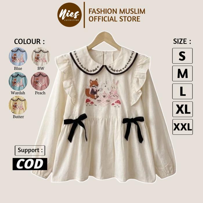 Elthea Blouse Lengan Panjang Kerah Peter Pan Bordir Boneka Ukuran LD 120 110 100 95 90 Bahan Linen R