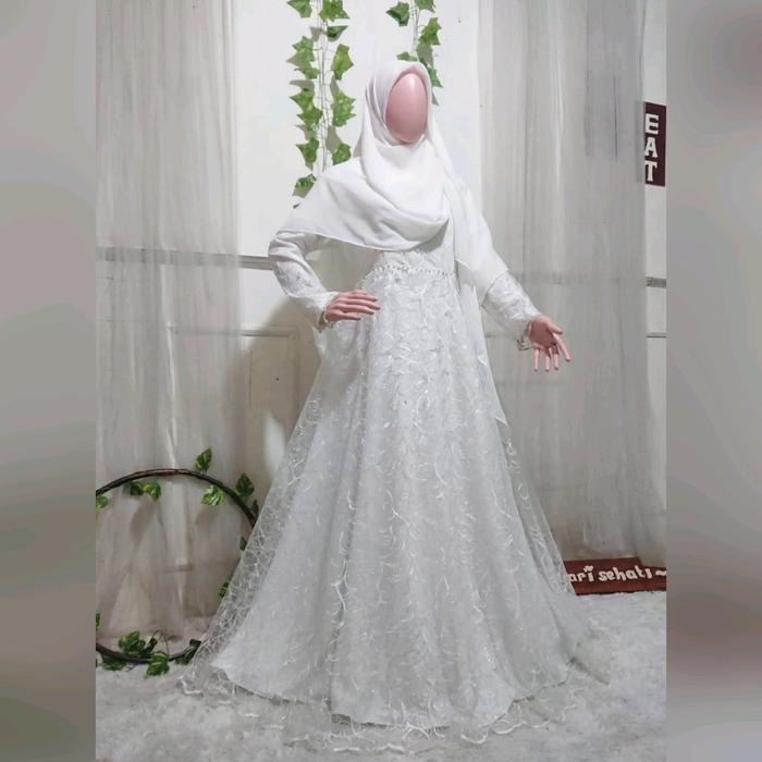 Gaun Pengantin Syar'i Dress Pesta Muslimah Gaun Akad Wanita Gaun Walimah Syari Gamis Mewah Putih Keb